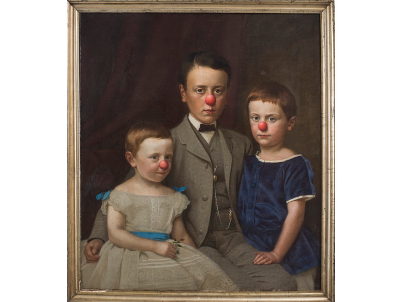 Hans-Peter Feldmann, Familie mit roten Nasen, 2015, Ölgemälde, übermalt, 96 x 84 x 4 cm, Galerie Mehdi Chouakri, Berlin © VG Bild-Kunst, Bonn 2025